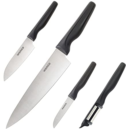 wenco Solingen Küchenmesser Set – Kochmesser, Santokumesser, Schälmesser, Sparschäler – Scharfes Messer Set 4 teilig mit 3 Qualitätsmesser und Schäler – Klinge aus Edelstahl mit Kunststoffgriff