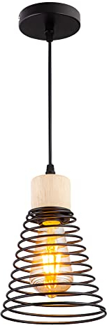 Vintage Hängelampe Esstisch Hängeleuchte Metall mit Holz,Retro Schwarze Hängeleuchte Esstischlampe Verstellbare Hängelampe,Moderne Hängelampe für Esszimmer Küche Wohnzimmer Bar Restaurant,Ø15cm