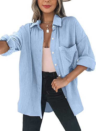 Dokotoo Bluse Damen Musselin Langarmshirt Baumwolle Lässig Oberteile Hemd Langarm Farbblock Shirts Einfarbig Tops Hemdjacke Blau XL
