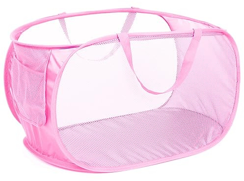 Diggoour Durable Collapsible Laundry Baskets, Mesh Pop Up Laundry Hamper with Handy Pocket, Foldable Clothes Hamper with Reinforced Carry Handles for Laundry, Bathroom, Kids Room or Travel Pink