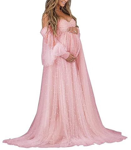 WSEYU Robe de maternité en tulle perlé pour séance photo, manches longues bouffantes, épaules dénudées, robes de grossesse de mariée, rose poudré, 46