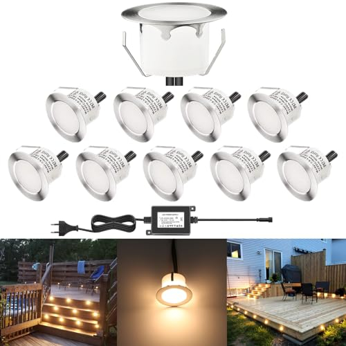 DarisingSun 10er Set LED Terrassen Einbaustrahler Aussen 12V IP67 wasserdicht Ø45mm 1W Bodeneinbauleuchten für Küche Garten Treppen Gehweg Holzbrücke Balkon Terrasse, Warmweiß