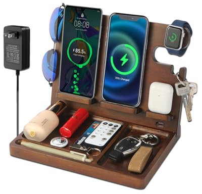 Xunhomon Kabellose Ladestation, Holz-Handy-Dockingstation, Nachttisch-Ladestation mit 4 kabellosen Ladegeräten für iPhone/Samsung/Android/Apple Watch/Airpod/Galaxy Buds, Geschenke für Männer