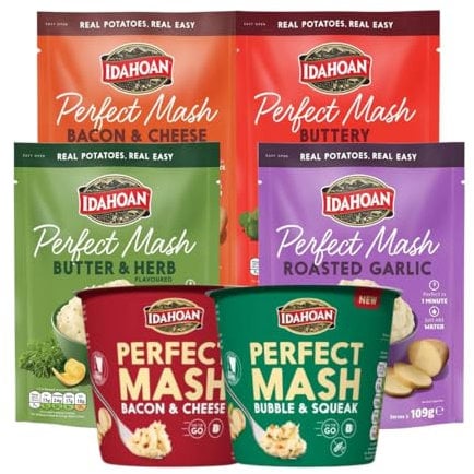 Idahoan Perfect Mash Potatoes Variety Bundle 4 sachets (109g each) & 2 pots (55g each)- Bacon & Cheese, Buttery, Butter & Herb, Roasted Garlic, Bacon & Cheese and Bubble & Squeak