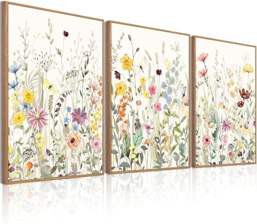 ANHUIB Large Framed Floral Canvas Wall Art Colorful Wildflower Pictures Wall Decor Botanical Wall Art Set of 3(30×40cm) Flower Prints in Frames Boho Floral Poster for Living Room Bedroom Home Decor