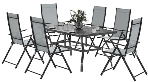 Outsunny 7 Pieces Garden Dining Set, 6 Seater Garden Furniture Set with Parasol Hole, Outdoor Dining Set with High Back Folding Chairs and Square Metal Top Table for Outdoor Patio, Grey