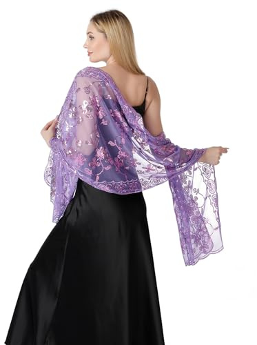 Makroyl Women's Sequin Shawls Wraps For Evening Dresses Female Sparkly Sheer Mesh Wedding Scarf Capes Shrugs For Bolero Evening Party (Purple)