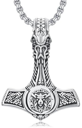 ROMANTICWORK Viking Necklace Thors Hammer Pendant 925 Sterling Silver Viking Celtic Knot Lion Necklace Thors Hammer Jewellery Norse Jewellery for Men Women