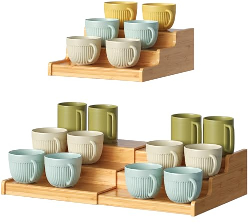 Hongtamoya 3-Tier Expandable Bamboo Mug Holder For Countertop Coffee Cup Holder Display Mug Organizer Mug Rack for Coffee Bar Organizer Mug Shelf for Cabinet for Kitchen, Home