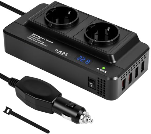 URAQT Convertisseur 12V CC à 230V CA 200W, Prise Allume Cigare Transformateur de Tension avec 2 Prises AC EU et 4 Ports USB, Écran LCD Numérique Chargeur Voiture Camping Car avec Multi-Protections