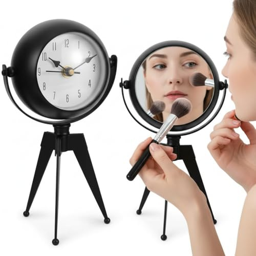 LEDSone Alarm Table Clock Silent & Non Ticking Modern, 20cm Battery Operated 360° Rotatable Mirror Clock, Easy to Read, Black Decorative Tripod Desk Clock for shelf, table, mantel or bedside