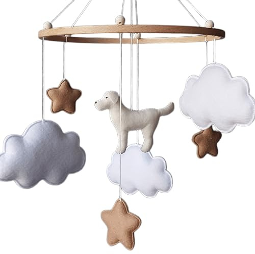 Hunde Baby Mobile – Weißer Labrador Mobile fürs Babybett – Neutrales Filz Wolken & Sterne Mobile – Handgemachtes Babyzimmer Deko – Geschenk für Hundemama – Baby Shower Geschenk Unisex