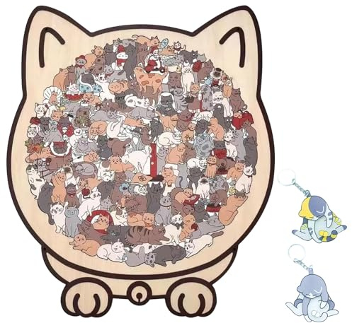 135-Piece Morandi-Colored Cat Shaped Wooden Jigsaw Puzzle for Adults - Elegant Wooden Cat Puzzle, Stress-Relief Jigsaw Puzzles for Adults, Cute Cat Shaped Puzzle with 2 key ring