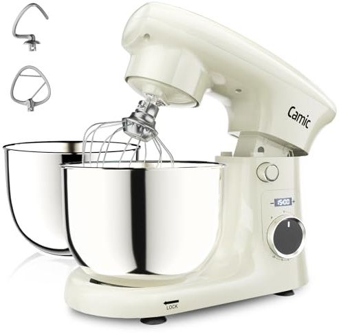 Camic Küchenmaschine mit LED-Display, Zeit Einstellen, Knetmaschine mit Rührhaken, Knethaken, Schlagbesen, 10 Stufen, 2 Edelstahlschüsseln 4L+5L, für Teig, Brot, Pizza, Kuchen (White)