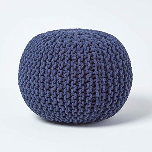 Homescapes Pouf Strickpouf rundes Bodenkissen, Sitzpouf 35 x 40 cm, gepolsterter Sitzhocker, Sitzpuff/Puff mit grob gestricktem Bezug aus 100% Baumwolle, Strickpuff, blau/Marineblau