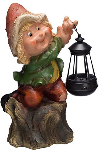 Birendy Kinderfigur, Gartenwichtel mit Solarlampe NF12180-2, Groß 31 cm hoch, Gartenfigur, Deko Kinder Wichtel mit Pilzhut auf einem Baumstamm, mit LED Solar Lampe, Polyresin, Gartendekoration