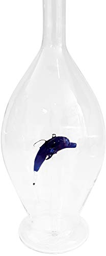 Jarra garaffa de cristal transparente decantador botella de vidrio cristal soplada a boca con un delfín azul de cristal coloreado en el interior capacidad 0,5 litro y altura 30 cm