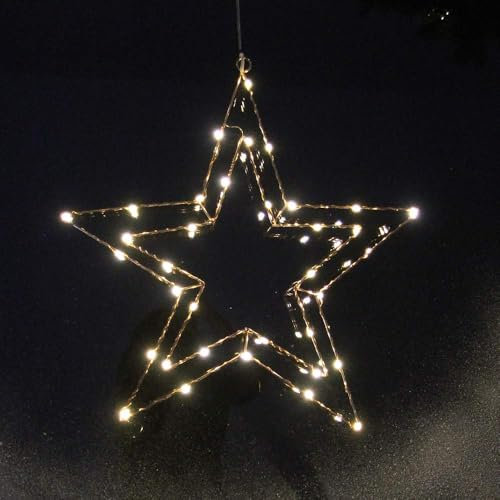 Gartenpirat Stern 30 x 28 cm aus Kupferdraht Lichterkette 25 LED warmweiß mit Timer Fensterstern Weihnachtsbeleuchtung zum Aufhängen Weihnachtsdeko Wandstern für innen