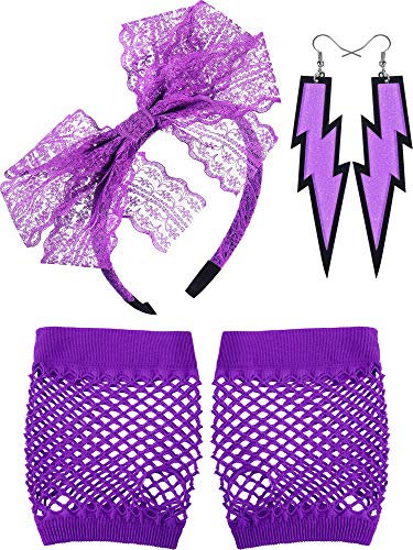 80's Serre-Tête en Dentelle Boucles d'oreilles au Néon Gants Résille sans Doigts pour 80's Partie (Violet)