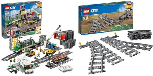 LEGO City Le train de marchandises télécommandé, moteur à batterie pour enfants de 6 ans, connexion Bluetooth RC & City Les aiguillages, Ensemble d'accessoires d'extension Switch Tracks, 6 pièces