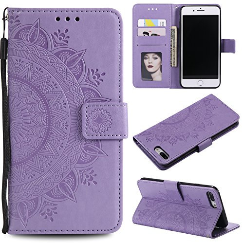 EYZUTAK Case for iPhone SE(5G) 2022 iPhone 7 iPhone 8 iPhone SE 2020, Premium Leather Flip Wallet Case with Card Slots Holder Kickstand Hand Strap Mandala Half Flower Embossed Cover - Purple