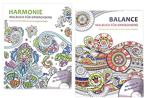 2er Set große Erwachsenen Malbücher mit Musik CD für Entspannung, Meditation & Anti-Stress (Harmonie & Balance)