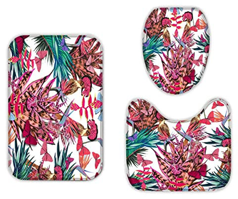 RLYXGS PalmenbläTter Badezimmermatten und Teppiche 3-Teiligs Set Paradiesvogel Flanell Memory Foam rutschfeste Matten und Badteppich,Orchidee Toilettendeckelabdeckung,Badvorleger Badgarnitur Vorleger
