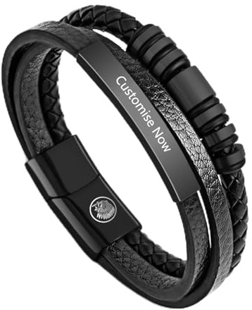 Casisto.J Lederarmband Herren Armband Herren Männer Leder Edelstahl Gravur Schwarz Braun Geflochten mit Magnet Verschluss