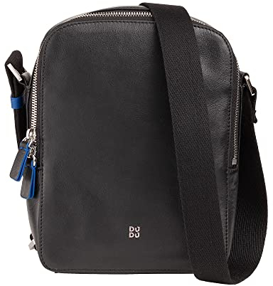 DUDU Herren-Handtasche aus echtem Leder, verstellbare Umhängetasche, kleines kompaktes Design, mehrere Fächer und Reißverschluss Schwarz