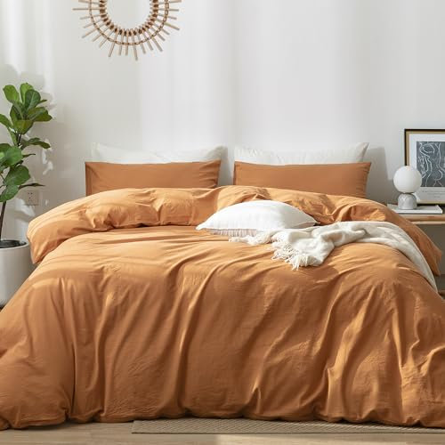MooMee Bettwäsche-Set, 100 % gewaschene Baumwolle, Leinen, strukturiert, atmungsaktiv, langlebig, weich, bequem (Burnt Orange, Cal King)