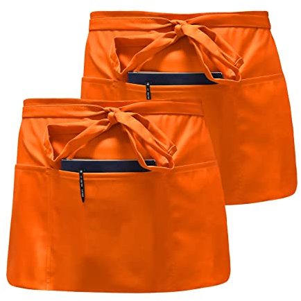 2 Pack Taillen Schürze, Vorbinder Schürze Wasserdicht, Schürze kurz staubdicht, Halbe Schürze mit 3 Taschen, Schürze Kochen für Damen & Herren, Chef, Bäcker, Servers, Kellner, Handwerker (Orange)