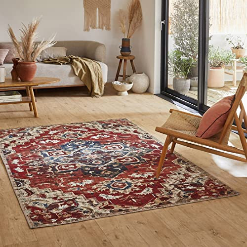 Nazar Vintage-Teppich, Orientteppich, maschinenwaschbar, klassischer Flachgewebe, Medaillon, Ornament, Bordeaux, Creme, Khaki (71 Multi, 200 x 290 cm)
