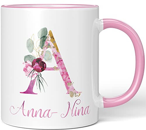JUNIWORDS Tasse, Anna-Nina, Name Anfangsbuchstabe Initial Alphabet Floral Buchstabe A Monogramm Motiv, Rosa (5495340)