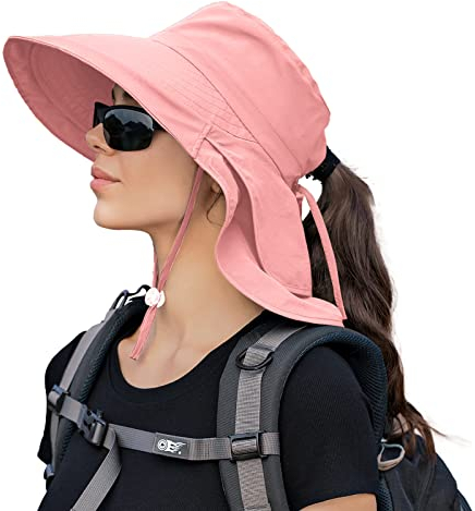 INSISMY Sonnenhut Damen Outdoor UPF 50+ UV Schutz Breiter Krempe Faltbar Gärtnerhut mit Nackenschutz Pferdeschwanz-Loch Kinnband Strandhut Safari Hut