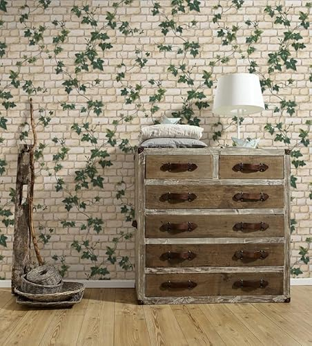 GAULAN 453911 - Papel pintado vinílico lavable planta enredadera hojas verdes muro ladrillos para pared salón cocina baño comedor - Rollo de 10 m x 0,53 m