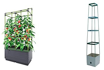 Bio Green Pflanzkübel CITYJUNGLE | Hochbeet für Balkon und Terrasse | 62 x 33 x 128 cm & Pflanzen-Aufzucht-Turm „Maxitom“ mit Rankhilfe und 2 Liter Wasserspeicher | 16 Liter | 150 cm | anthrazit