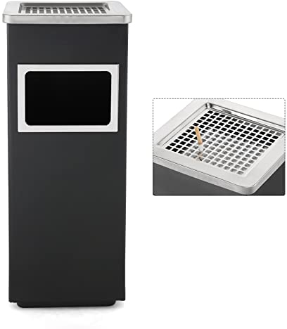 Dyna-Living Rubbish Bin Outdoor Stainless Steel Trash Bin with Grid Lid, Large, for Garden Backyard Home Office Restaurant Indoor (Black)