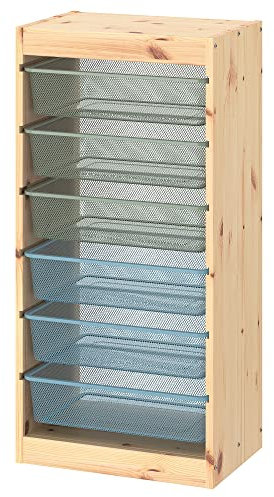 IKEA TROFAST Aufbewahrungskombination mit Boxen, 44x30x91 cm, hellweiß gebeizt Kiefer grün-grau-blau
