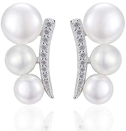 BUKEQILA Damen 925 Sterling Silber Drei Runde Perlen Ohrklemme Zirkonia Ohrstecker Kletterer Ohrringe Schmuck Geburtstagsgeschenk für Frauen Mädchen
