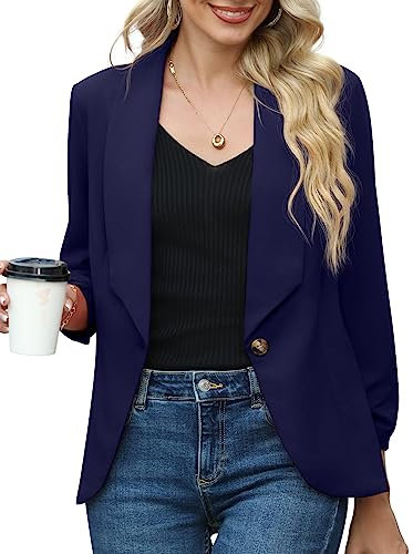 PrinStory Womens Blazer Suit Open Front Cardigan Ruched Sleeve Work Office Blazer Jacket (Navy Blue, 14-16)