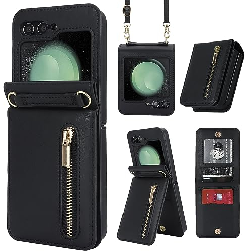 XIMAND Schutzhülle für Samsung Galaxy Z Flip 5, luxuriös, mit Reißverschluss, multifunktional, Ständer, Kartenhalter, Verstellbarer Schultergurt, modische Klapphülle (schwarz)