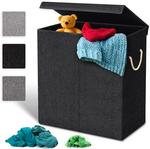 BLADO Collapsible Laundry Basket with Lid Laundry Hamper Basket for Dirty Clothes Storage Basket with Handles Laundry Bags for Bedroom Bathroom bin Living Room (2 Compartmant, Black)