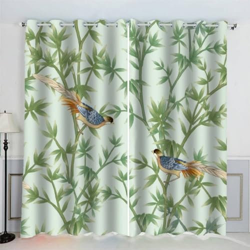 MEVASA Gardinen Bambus Vogel Verdunklungsvorhänge Wohnzimmer Schlafzimmer Kinderzimmer Mädchen Jungen 3D Polyester Grün Vorhänge Ösen 150 x 166 BxH