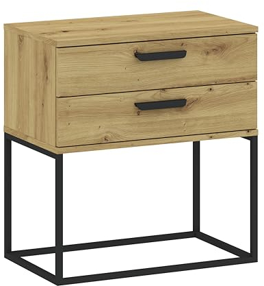 Oggi Nachtschrank Cyria Breit 2 Schubladen Eiche Artisan | Laminat 16mm | Metallrahmen | Kugelführung | Selbstmontage | Mattoptik | Kunststoffgriff | Schwarzes Gestell