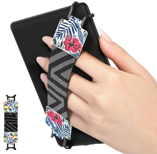 MoKo Handschlaufe für 6-8 Kindle eReaders Fire Tablet - Kindle/Kobo/Voyaga/Lenovo/Sony E-Book Tablet, Elastisches Halteband Leicht und Tragbar Tablet Fingerhalterung Griff Halter, Blaue Blattröschen