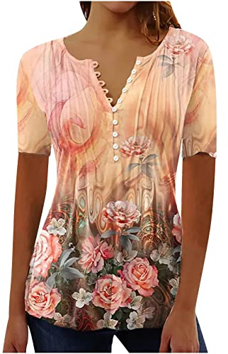 Angebot des Tages blitzangebot Shirt Damen Elegant Sommershirt Kurzarm Hemdbluse Blumendruck Locker Longshirt Oversized Bluse Casual Blusenshirt Bequemer Sportshirt mit Knopf Sportshirt