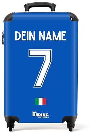 NoBoringSuitcases.com Handgepäck Koffer, Koffer Personalisiert, Reisekoffer, Reisetasche mit Rollen, TSA Schloss, Trolley Handgepäck, Trolley 55x40x20 cm (EM 2024 - Heimtrikot Italien - Blau)