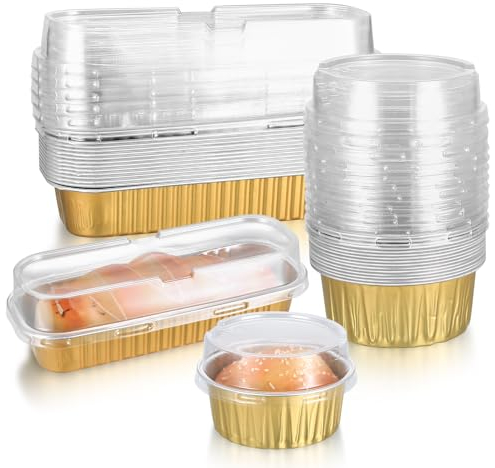 30 Pcs Mini Loaf Cake Cases, 200ML Mini Loaf Pans, Mini Loaf Tins with Lids, Reusable Aluminum Foil Baking Pans for Wedding Birthday Picnic Bread Pans Muffin Tins Containers(15 Square, 15 Round)