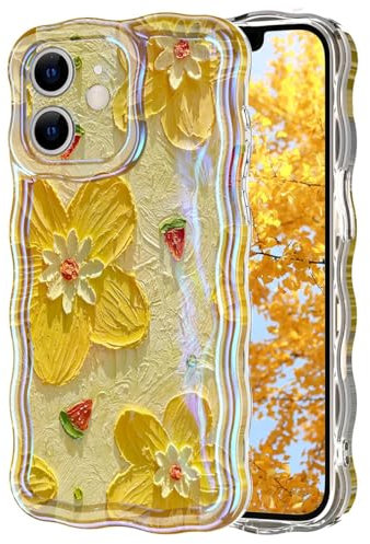 Petocase for iPhone 11 Case with Chain,Colorful Retro Oil Painting Printed Flower Cute Curly Wave Frame Shape,Laser Beam Glossy Pattern Soft TPU Shockproof Protective Case for iPhone 11,Yellow Flower