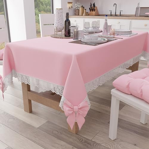 PETTI Artigiani Italiani - Tovaglia da Tavola Elegante di Cotone Rettangolare, per Tavolo Cucina, Soggiorno, con Balza in Pizzo Sangallo e Fiocchi, Tinta Unita, X6 Posti (140x180 cm) Rosa